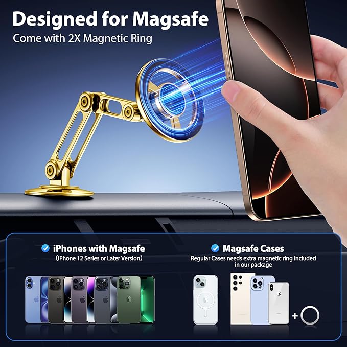 Ultra Magnetic Long-Arm Phone Holder Stand, Fits for MagSafe Car Mount Bracket【Windshield+Vent+Dash】, 360° Rotation Adjustable Strong Magnets Car Mount Desk Office Phone Cradle Holder, Gold