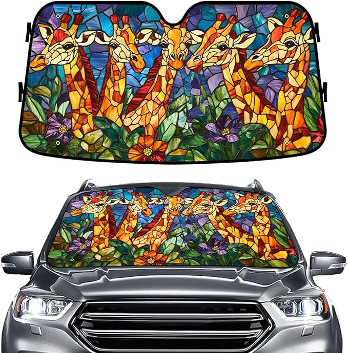 GENANY Giraffe Stained Glass Windshield Sun Shade for Car SUV Truck (55x30 Inches), Sun Shade Windshield, Shades for Windows, Auto Gift, Spring Car Decor