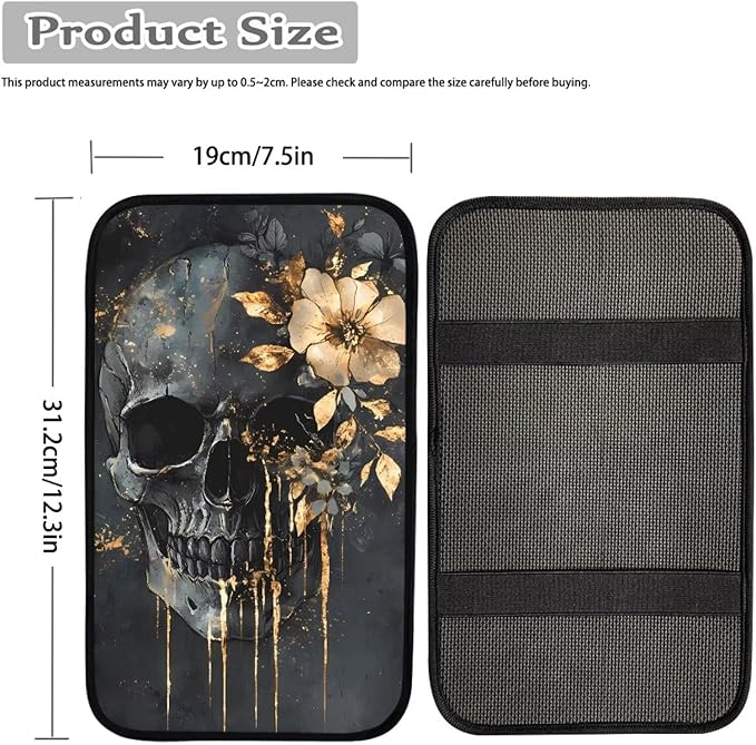 Dreaweet Skull and Flower Center Console Cover for Car Women Universal Rest Cover Pad Spooky Car Accessories Non Slip Anti Scratch Center Console Armrest Cover for SUV Sedan Truck Van