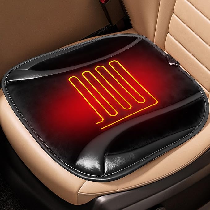 Car Seat Cushion for Driving - Soft Plush Front Seat Cover for Car, Truck, SUV, Office Chair, Wheelchair | Adjustable Straps & Anti-Slip Bottom | Comfortable (Black- Leather)