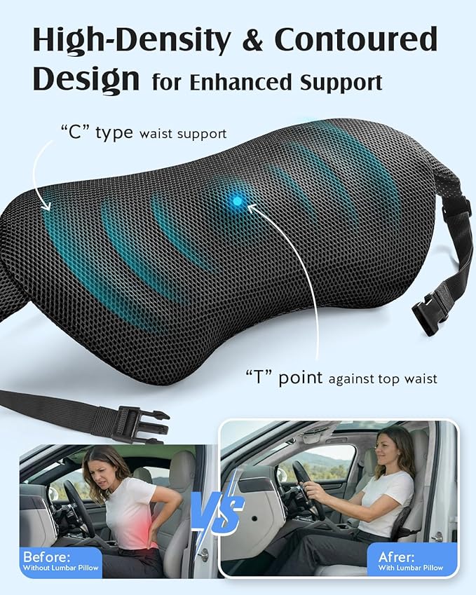 YFONG Lumbar Support Pillow for Car & Office Chair, Memory Foam Back Cushion with Adjustable Straps Non-Slip, Firm Support for Lower Back Pain Relief, Black