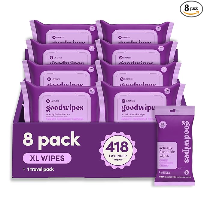 goodwipes Flushable Butt Wipes - Vitamin E & Aloe - Sewer & Septic Safe - Extra Large Adult Wet Wipes For Women & Men - Bathroom Essentials - Lavender, 418 Count (8 Packs + 1 Travel)