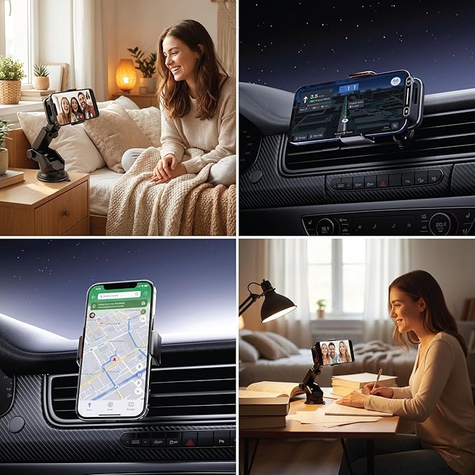 15W Wireless Car Charger & Auto Rotating Car Phone Holder MagSafe Compatible with LED Lights, Gesture Control Clamping, Auto Arm Opening, Built-In Battery, Dual Mount Options for Vent or Dashboard