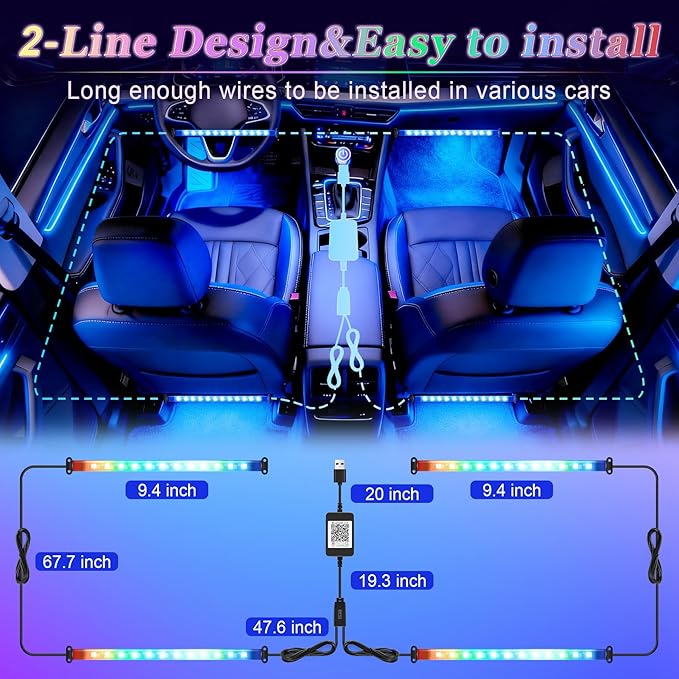 iFunyLED Smart Car Interior LED Lights with App Control, RGB Lights with DIY Mode and Music Mode, 2 Lines Design and Wireless Remote Control, Car Accessories for Women