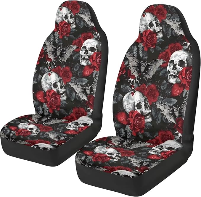 Skull Red Rose Car Seat Covers Universal Front Car Seats Anti-Slip Back Fabric Removable Automotive Accessories Suitable for Cars, SUV and Trucks