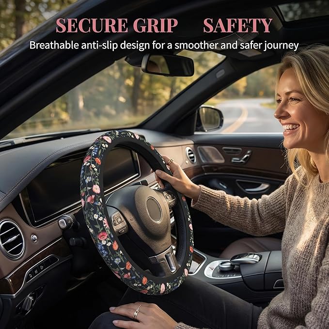 Wildflower Car Steering Wheel Cover - Multicolor Wildflower Steering Wheel Cover Anti-Slip Breathable Universal for 15 Inch Car 2 Pieces Coasters Suitable for Men Women