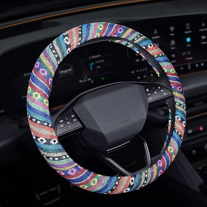 Boho Steering Wheel Cover, Steering Wheel Cover Women, 15 inch Hippie Style Protector Covers, Universal Ethnic Flax Cloth Car Accessories Universal for SUV Van Truck (Hippie-A)