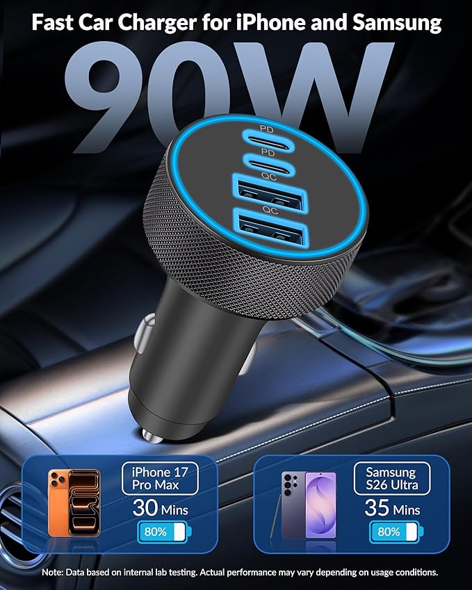 [2-Pack] Car Charger USB C, 4 in 1 90W Fast Charging 4-Port Dual 45W USBC & USB A Phone Car Charger Cargador Carro Lighter Adapter for iPhone 17 16 15 14 13 12 Pro Max, iPad, Galaxy, Tablet, Android