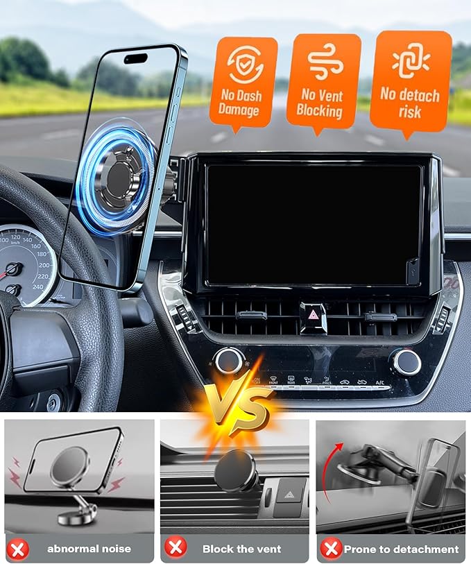 Magnetic Car Phone Mount for Toyota Corolla 2019-2026 / Corolla Cross 2022-2026, for MagSafe Strong Magnets Cell Phone Holder 8-Inch Touch Screen Cradles, with Portable Phone Gripper
