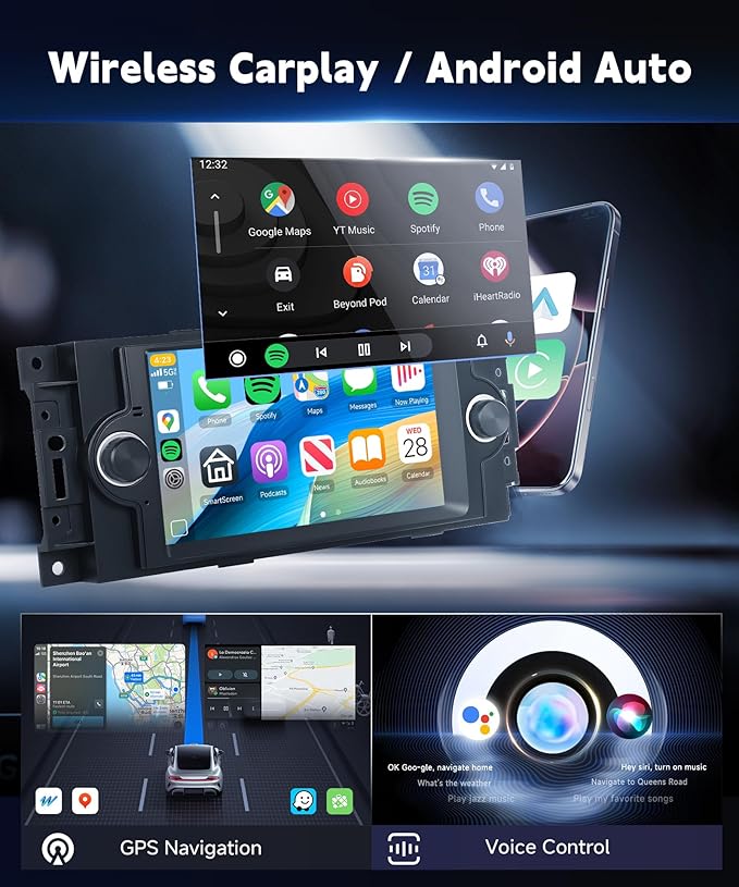 6+128G for Dodge Ram 1500 06-08,Chrysler 300C 05-07,Chrysler PT Cruiser,Dodge Magnum,Jeep Commander/Patriot,Jeep Grand Cherokee Android Car Stereo Wireless Carplay Android Auto,6.2“ for Ram Radio