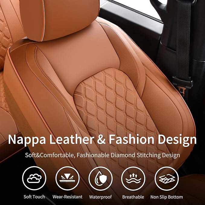 Huidasource Tacoma Car Seat Covers Brown Fit for 3rd Gen Toyota Tacoma 2016-2023 Double & Crew Cab SR SR5 Limited TRD Sport/Pro/Off Road, Front & Back Leather Truck Seat Cover (Full Set/Brown)