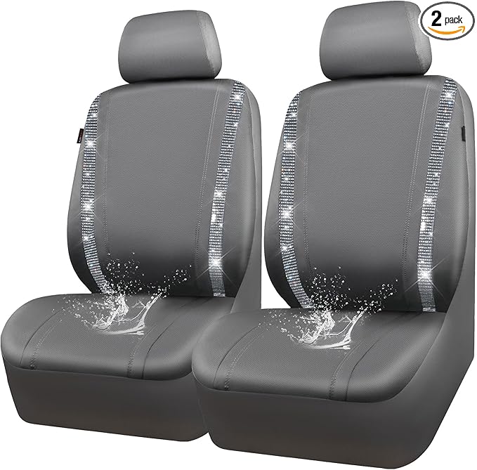 CAR PASS Gray Leather Bling Diamond Car Seat Covers 2 Front Interior Sets, Waterproof Universal Shining Glitter Crystal Sparkle Fit for 95% Automotive Truck SUV Cute Women Girl, Gray Rhinestone