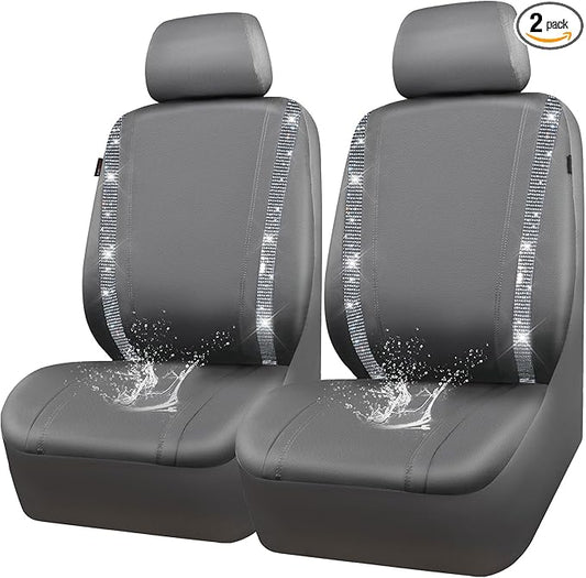 CAR PASS Gray Leather Bling Diamond Car Seat Covers 2 Front Interior Sets, Waterproof Universal Shining Glitter Crystal Sparkle Fit for 95% Automotive Truck SUV Cute Women Girl, Gray Rhinestone