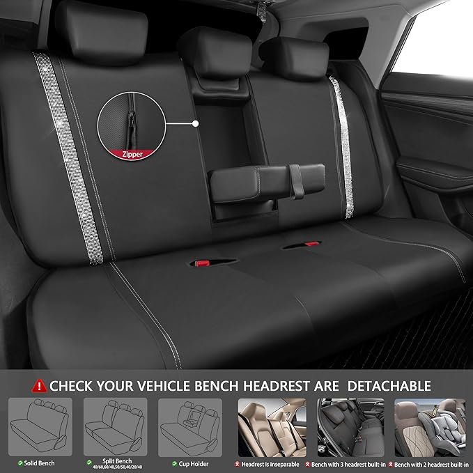 CAR PASS Bling Rhinestone&Leather Back Seat Cover, Waterproof Bench Rear Seat Cover Shining Diamond Universal Fit Automotive Glitter Crystal Sparkle Strips for Kid Women Girl, Silver Diamond