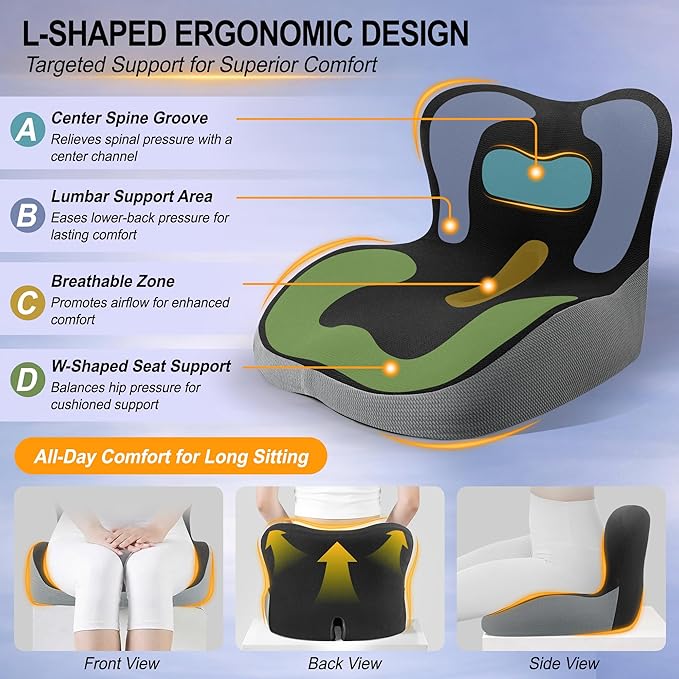 Memory Foam Car Seat Cushion with Lumbar Support, L-Shaped Ergonomic Design for Long Driving, Pressure-Relief Comfort for Car, SUV, Semi Truck & Office Chair