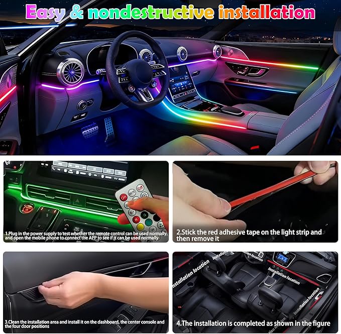 6 in 1 Car Led Strip Lights, Interior Car Lights, App and Remote Control Ambient Lighting Kit with RGB 16 Million Colors Fiber Optics&Music Sync Rhythm, USB Neon Light Accessories for Console&Door