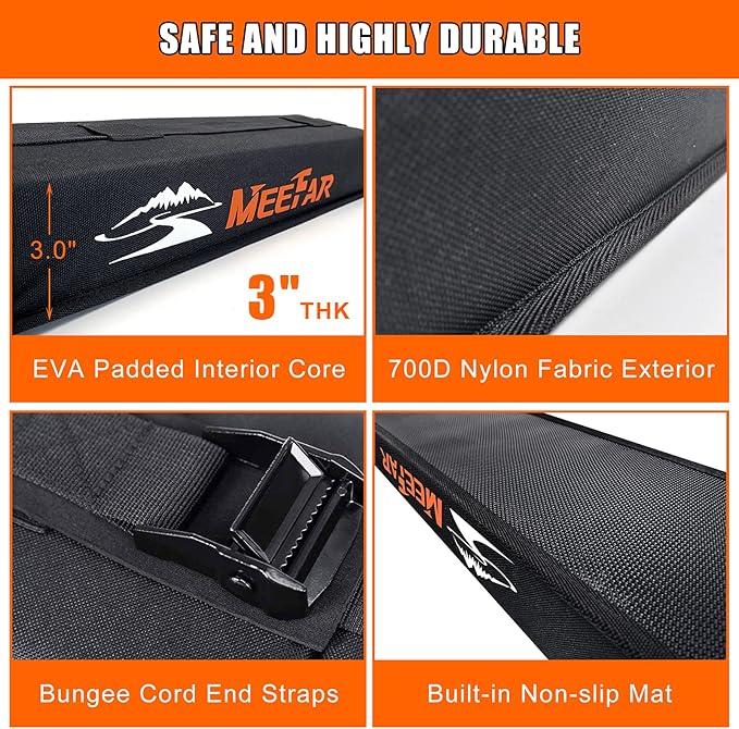 MeeFar Universal Car Soft Roof Rack Pads Luggage Carrier System for Kayak Surfboard SUP Canoe Include 2 Heavy Duty Tie Down Straps, 2 Tie Down Rope, 2 Quick Loop Strap and Storage Bag