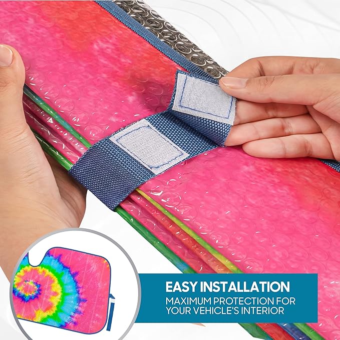 BDK Colorful Rainbow Tie Dye Windshield Sunshade for Cars - Multi-Colored Double Bubble Accordion Folding Sun Shade for Car Truck SUV – Car Sun Visor Protector to Keep Your Vehicle Cool - 58 x 27