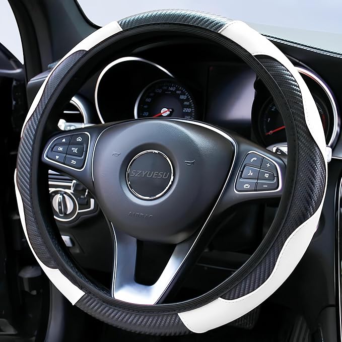 Car Steering Wheel Cover, 15 inch Microfiber Leather Carbon Fiber Soft Anti-Slip Breathable, Universal Size Elastic Car Accessory for Most Cars (White)