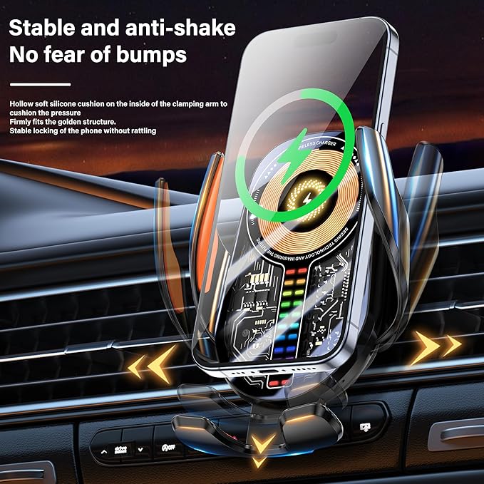 15W Car Phone Holder Wireless Charger - Auto Sensing Clamping 3-Axis Adjustable 360° Rotation Fast Charging Phone Holders for Your Car Vent Clip Slim Design with Unisex for iPhone Android Samsung