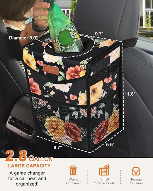 Pritent Car Trash Can with Lid, Cute Leakproof Car Trash Garbage Bag Hanging Vehicle Trash Bin Small Portable Automotive Garbage Cans Organizer for Back/Front Seat/Console(2.8 Gallons,Rose)