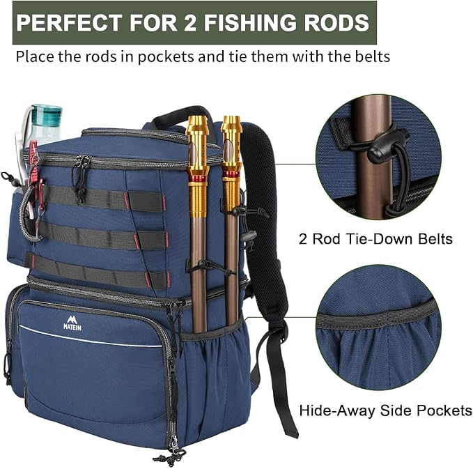 MATEIN Fishing Backpack, Water Resistant Tackle Storage Bag with Rod Holders & Cooler, Fishing Gifts for Men