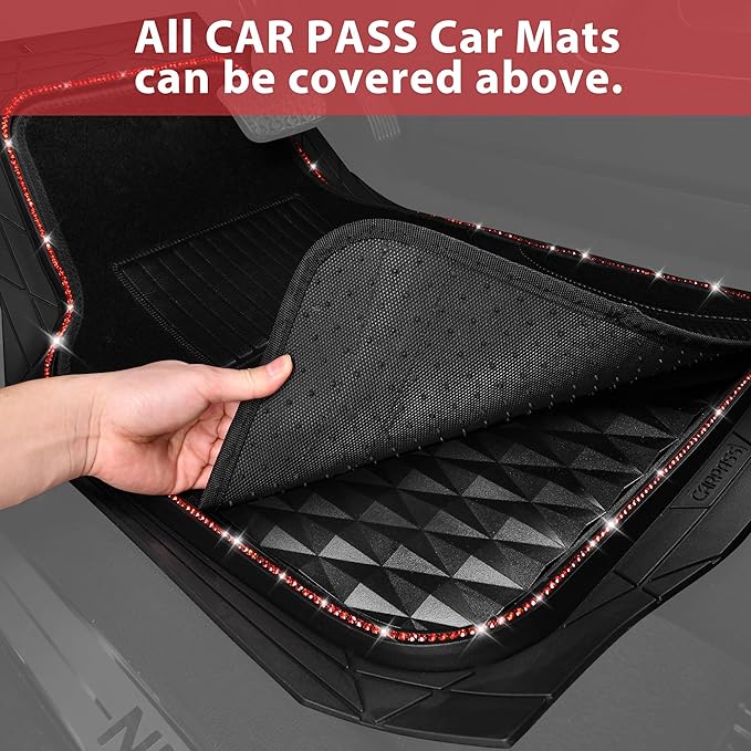 CAR PASS Bling Diamond Rubber Car Mats, Heavy Duty Deep Dish All-Weather Floor Mat Full Set Anti-Slip 3D Rhombus Waterproof Trim to Fit Liner Universal Glitter Sparkly Shining Rhinestone, 3 Pcs Red