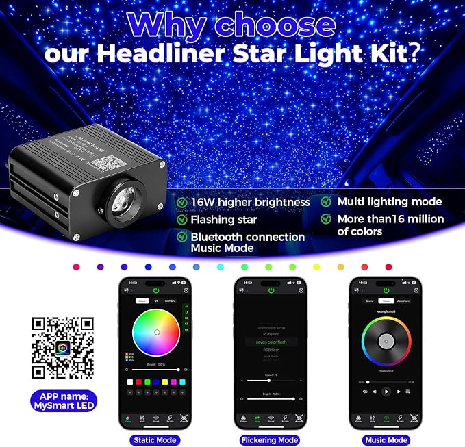 Headliner Star Light Kit, Star Light Headliner Kit, 600pcs 0.03in 9.8ft Ceiling Fiber Optic APP RGBW Remote Contro Fiber Lights for Home Theater