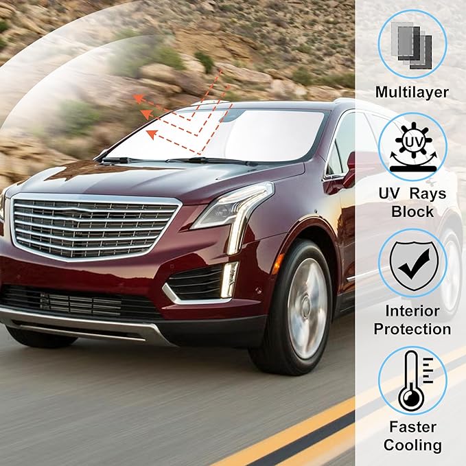 Windshield Sun Shade Custom Fit for 2017-2024 2025 2026 Cadillac XT5 Accessories Foldable Sunshade Sun Blocker Protect Car from Sun Rays & Heat Damage Keep Car Cooler