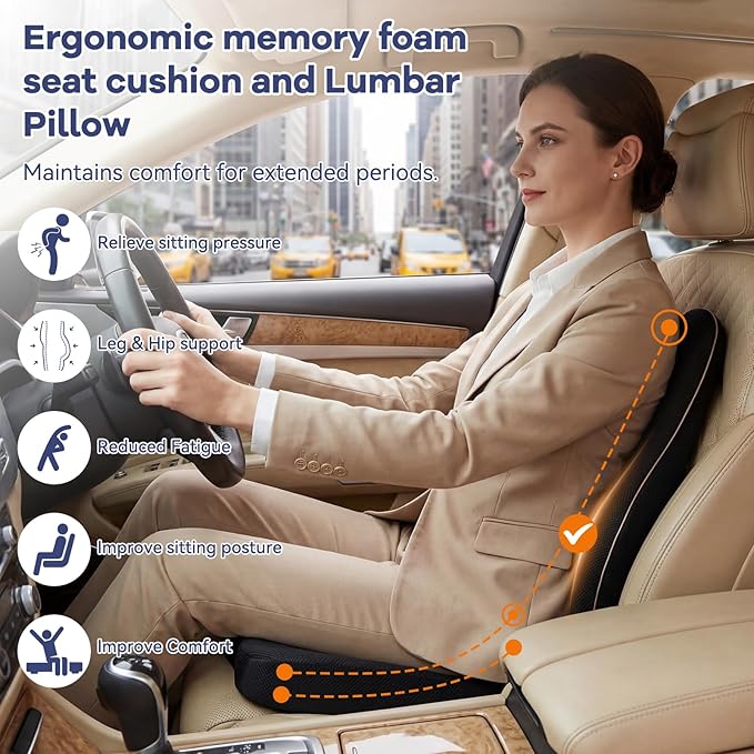 Car Seat Cushion,Lumbar Support Pillow for Office Chair – 3D Breathable Mesh Memory Foam Pad,Non-Slip Truck Seat Cushion with Adjustable Strap, Lower Back Support for Car, Office, Gaming Chair, Black