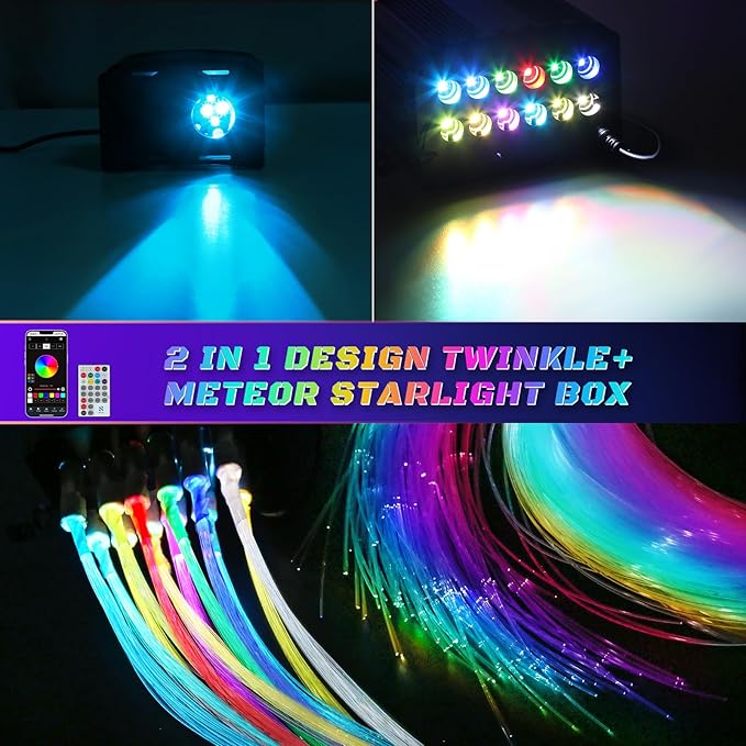 Car Starlight Headliner Kit, 16W Twinkle & Meteor Star Ceiling Lights, 2 in 1 Fiber Optic Light Engine 600pcs*0.02in*9.8ft+240 RGBW Shooting Stars Lights for Car Home Roof Décor