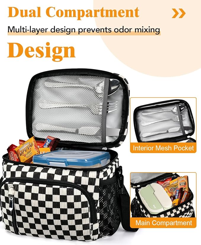 Insulated Lunch Bag for Men & Women, 9L Leakproof Lunch Box Soft Cooler Tote with 5 Pockets, 600D Oxford, EVA Lining, Adjustable Strap for Work, Picnic, Beach&Travel-Corduroy Black Checkered