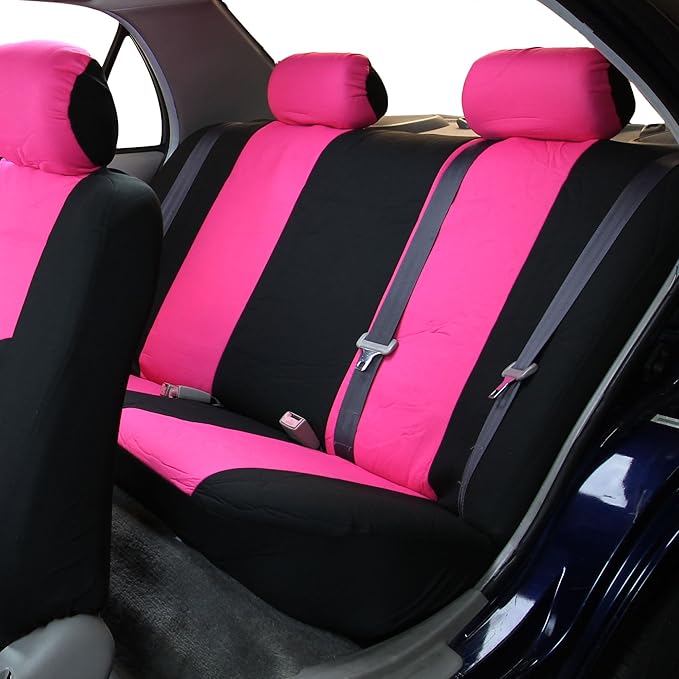 FH Group Car Seat Covers Flat Cloth Automotive Pink Full Set, Rear Solid Bench Universal Fit Combo Steering Wheel Cover & Seat Belt Pads Car Seat Protector for Cars Trucks SUV Interior Accessories