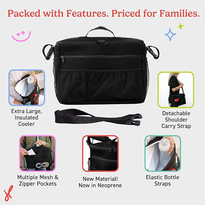 J.L. Childress Cool 'N Cargo Stroller and Wagon Cooler and Organizer - Universal Fit - Insulated - Attaches to Strollers, Wagons, Walkers and Wheelchairs - Large Capacity - Black