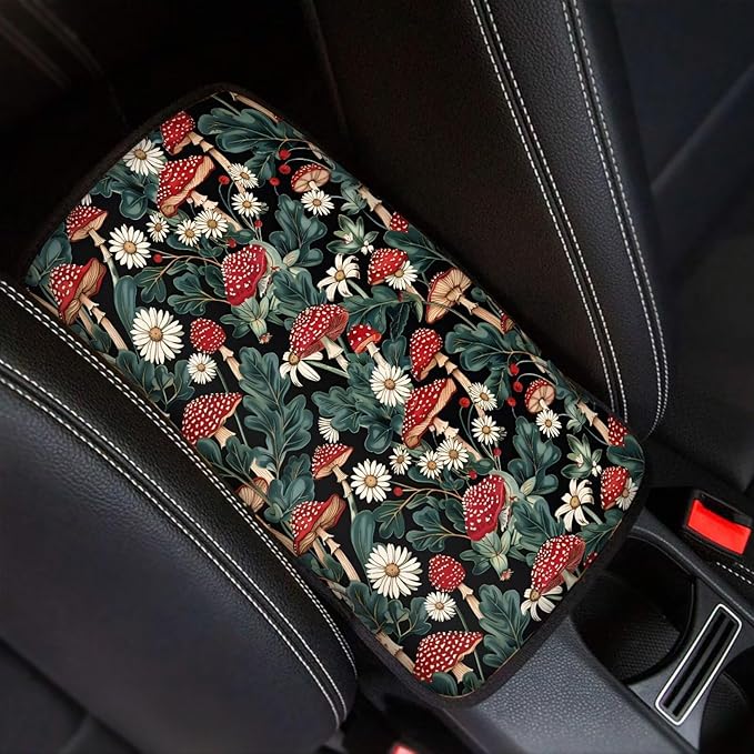 UNICEU Mushroom Daisy Print Car Decorative Armrest Cover Pad Soft Neoprene Car Center Console Armrest Cover Universal Fit Trucks SUV Van