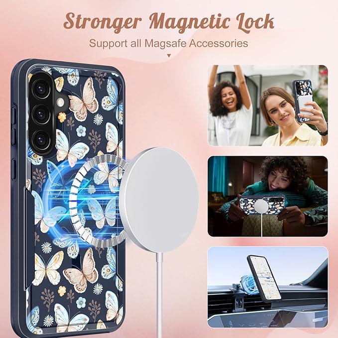 for Samsung Galaxy A36 5G Phone Case - Compatible with MagSafe Women Girls Cute Magnetic Protective Cover Girly Blue Butterfly Heavy Duty Shockproof Design for Samsung A36 5G Cases 6.7"