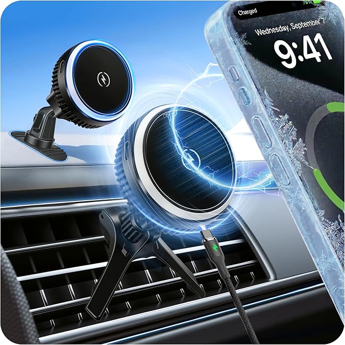 Magnetic Phone Holders for Your Car, Magsafe Cooling Car Mount Charger, Vent & Dashboard Cell Phone Mount, 15W Wireless Fast Charging for iPhone & Android, 360 Rotatable & Hands Free, Car Accessories