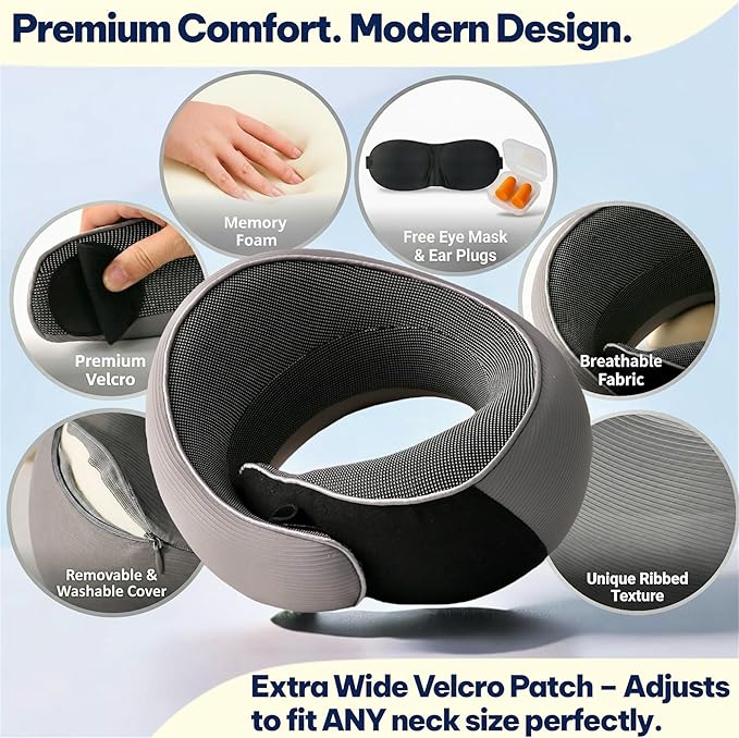 Memory Foam Travel Neck Pillow for Airplane & Neck Pain Relief – 360° Ergonomic Support – Free Eye Mask & Ear Plugs – Soft Breathable Cover – Ideal for Plane, Car, Office & Home