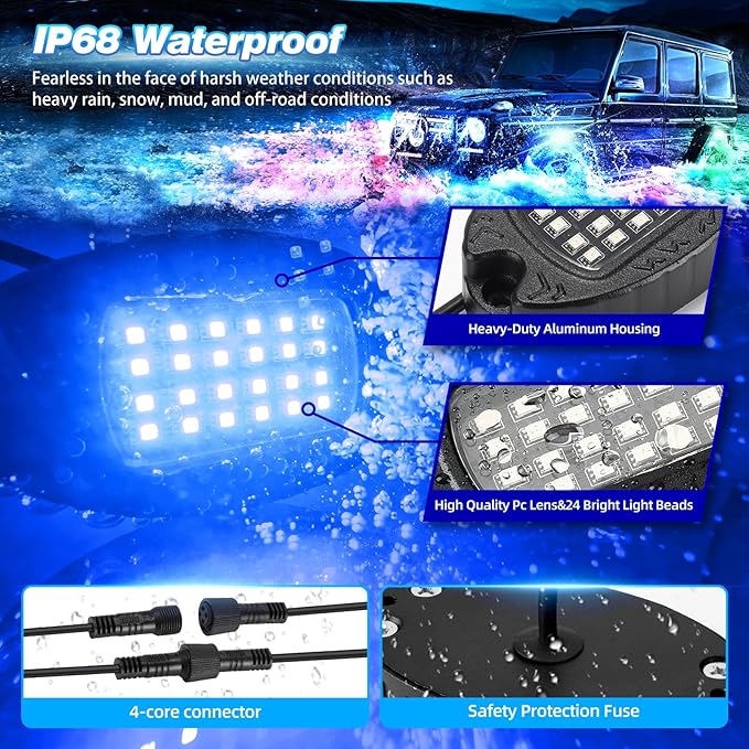 4 Pods Alloy RGB LED Rock Lights for ATV UTV RZR SUV SXS Golf Cart Trucks Car, Metal Waterproof Multicolor Underglow Kit with APP/RF Dual Remote Control Music Sync Brake Light, Neon Underbody 12V