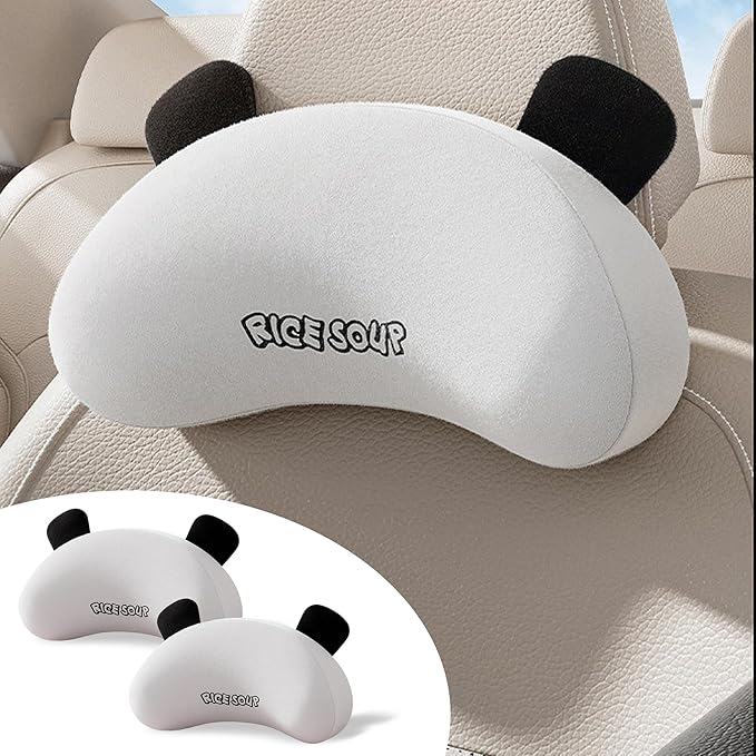 Cute Panda Car Neck Pillow & Lumbar Support Memory Foam Cushion for Driving Adjustable Headrest Waist Pillow for Most Seats (Black, Headrest 2Pcs)