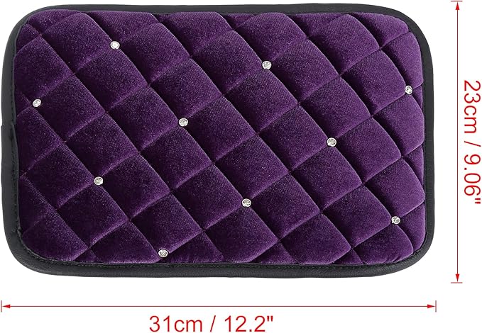 X AUTOHAUX Universal Car Center Console Cover, Plush Fabric Armrest Cushion Pad with Rhinestone Design, Purple