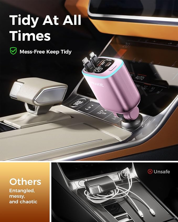 Car Charger, USB C Cable Fast Charging USB C iPhone Charger, Cigarette Lighter Adapter with Retractable 2 USBC Cables 25 Inch and 2 USB Ports, Multi Port Car Charging for iPhone 17/16/15/Pro Max-Pink