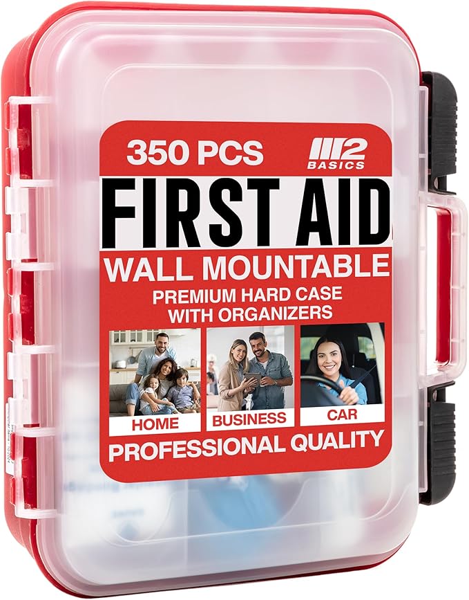 M2 BASICS 350 Piece First Aid Kit, Wall Mount Hard Case with Dual Layer Compartments for Workplace, Office, Warehouse, Home, Car