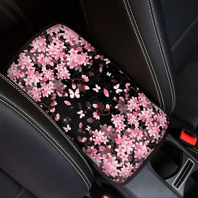 Cute Cherry Blossom Auto Armrest Box Cover Car Armrest Storage Box Mat Center Console Armrest Soft Pad Fits for Most Vehicle,SUV,Truck