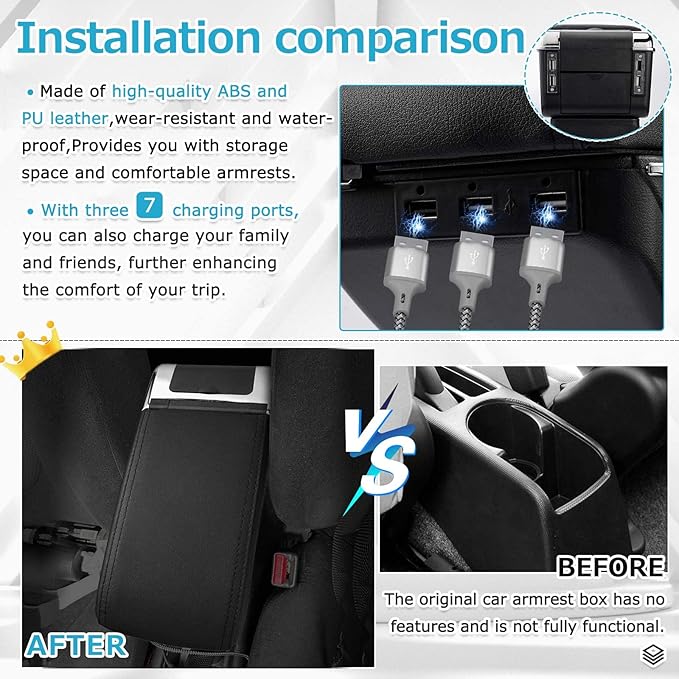 T TGBROS Car Armrest Box for 2002-2008 Honda Fit Jazz Hatchback(Not Fit The Sedan Model) Storage Center Console Double Layer 7 USB Ports Armrest Organizer Box (All Black)