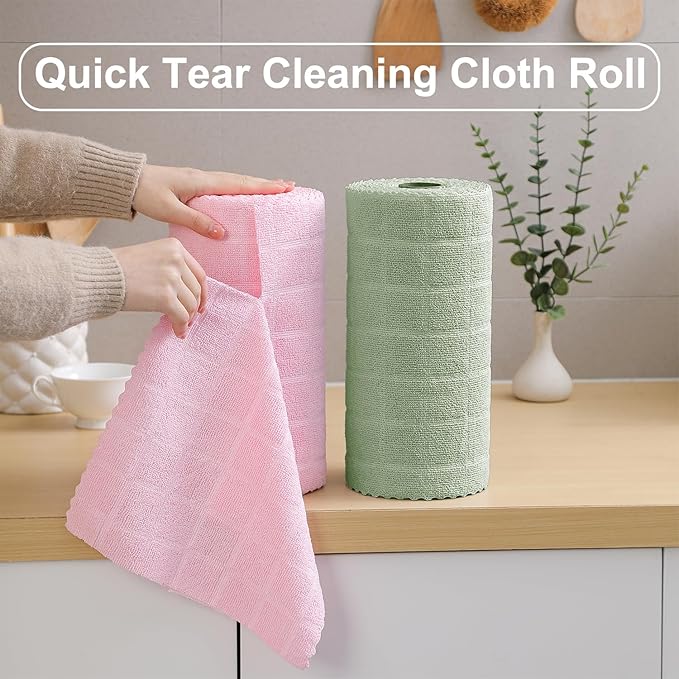 Ferdilan 80 Pack Microfiber Cleaning Cloth Roll,Lint Free Rags Paper Towels & Tear Away Reusable Towels,Washable Shop Rags,Wash Cloths Dish Rags(12" x 12") for Car Kitchen Window Garage-Green