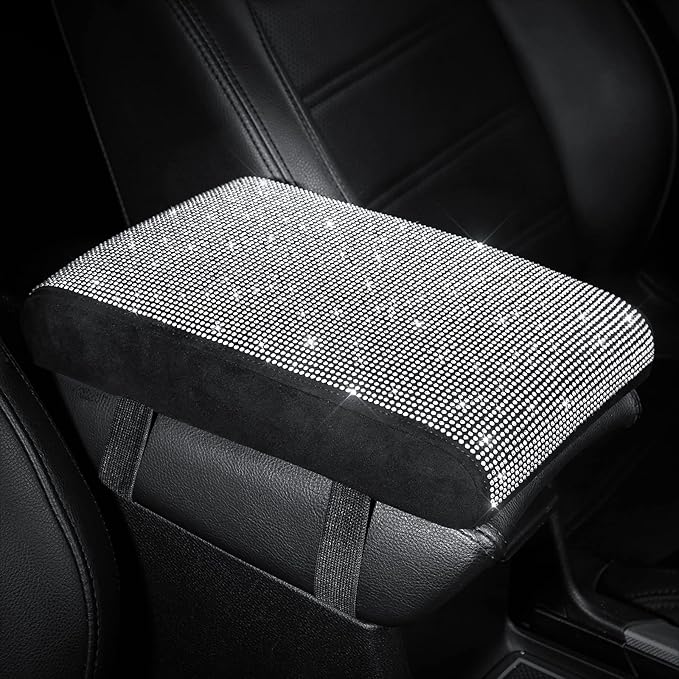 SEG Direct Diamond Auto Center Console Cover, Bling Car Armrest Cover, Memory Foam Armrest Cushion Pad with Crystal Rhinestones, Universal Seat Box Cover, White Diamond