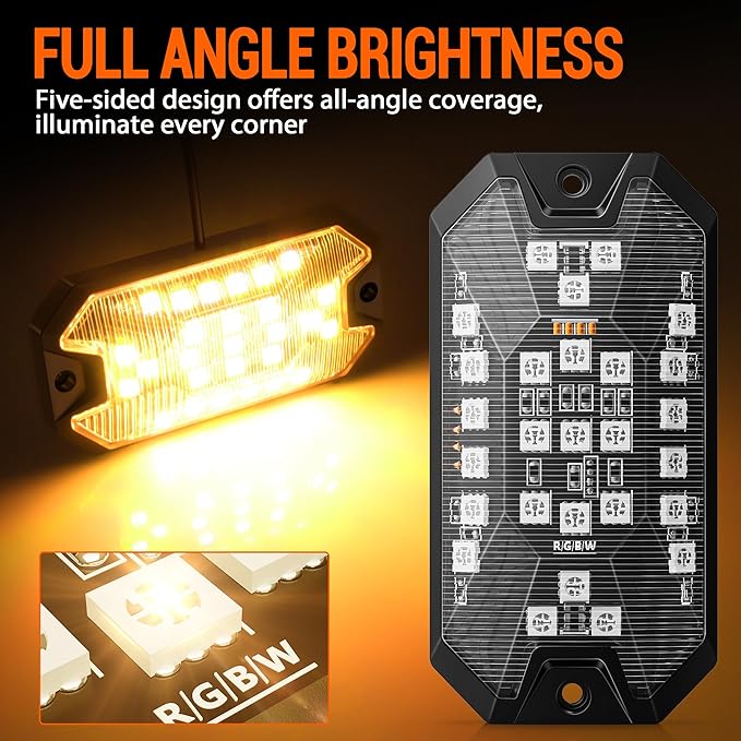 RGB Rock Lights, 8 pods Underglow Neon Lights Kits，APP/RF Remote Control & Music Mode, Waterproof Wireless Multicolor Lamps for Off Road Truck SUV ATV UTV Boat