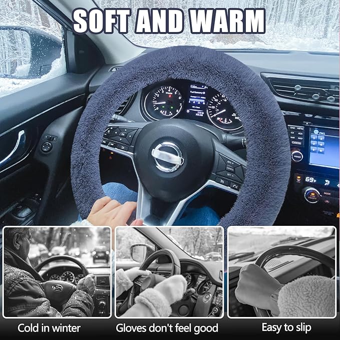 Wuyaoyao Fuzzy Car Steering Wheel Cover, 15'' Soft Auto Steering Wheel Protector for Warm Winter, Elastic Anti-Slip Fluffy Wheel Covers, Universal Car Accessories for Women and Men (Gray)