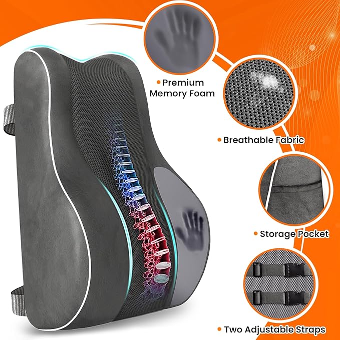 CloudBliss Ergonomic Lumbar Support Pillow – Memory Foam for Lower Back Pain Relief, Adjustable Straps & Mesh Cover for Office, Gaming, Car & Home Essentials (Grey)